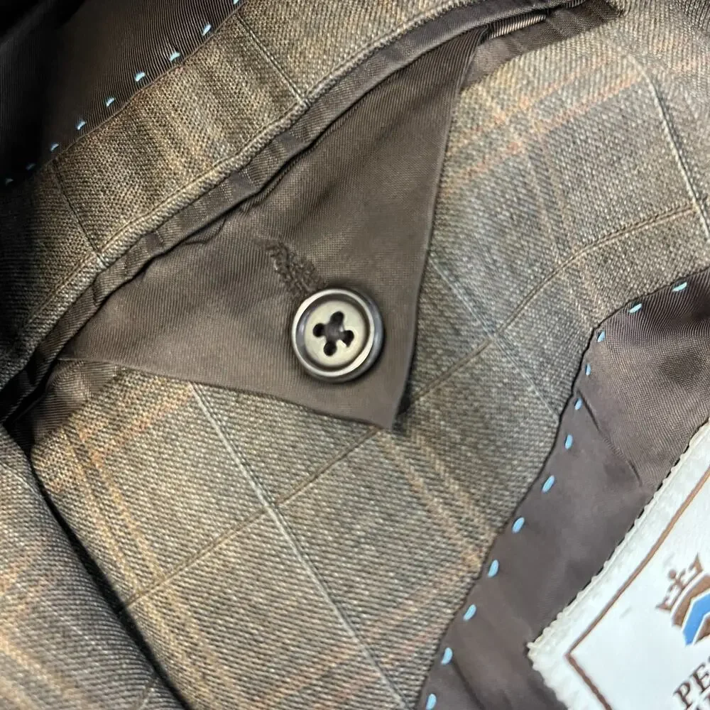 Peter Millar Men's Blazer‎ Sport Coat Jacket Brown Plaid Glen Check Wool 48